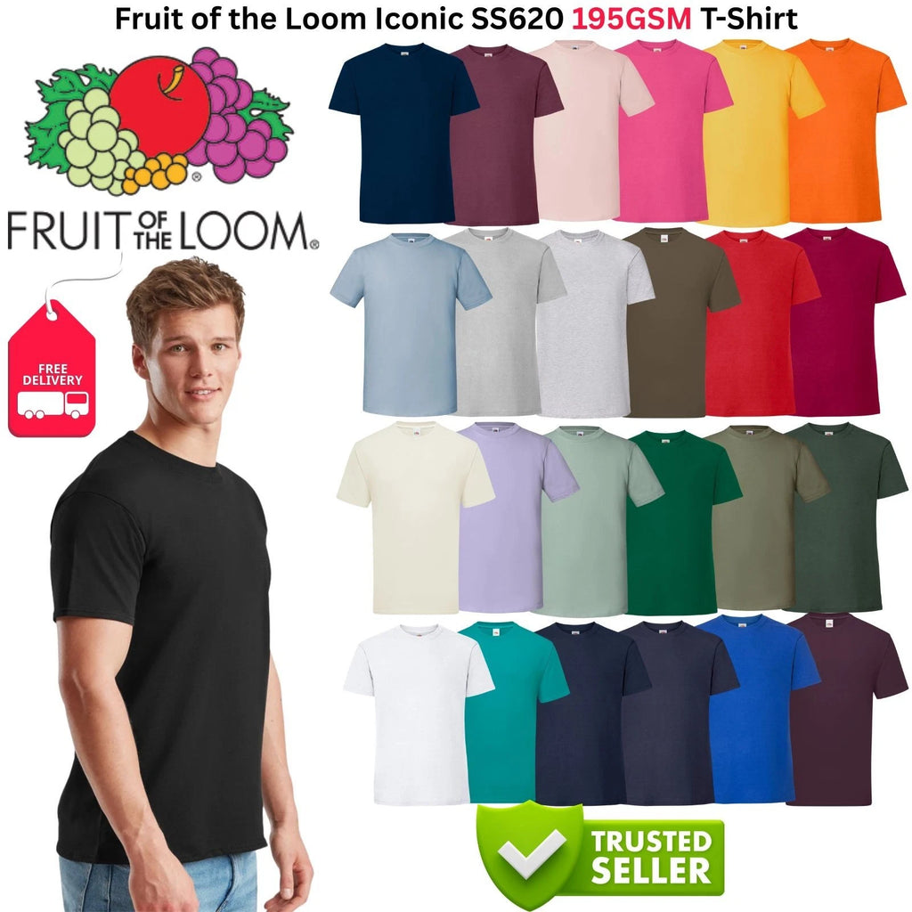 Fruit of the Loom Iconic SS620 T-Shirt Mens Heavyweight 195GSM Cotton Plain Tee