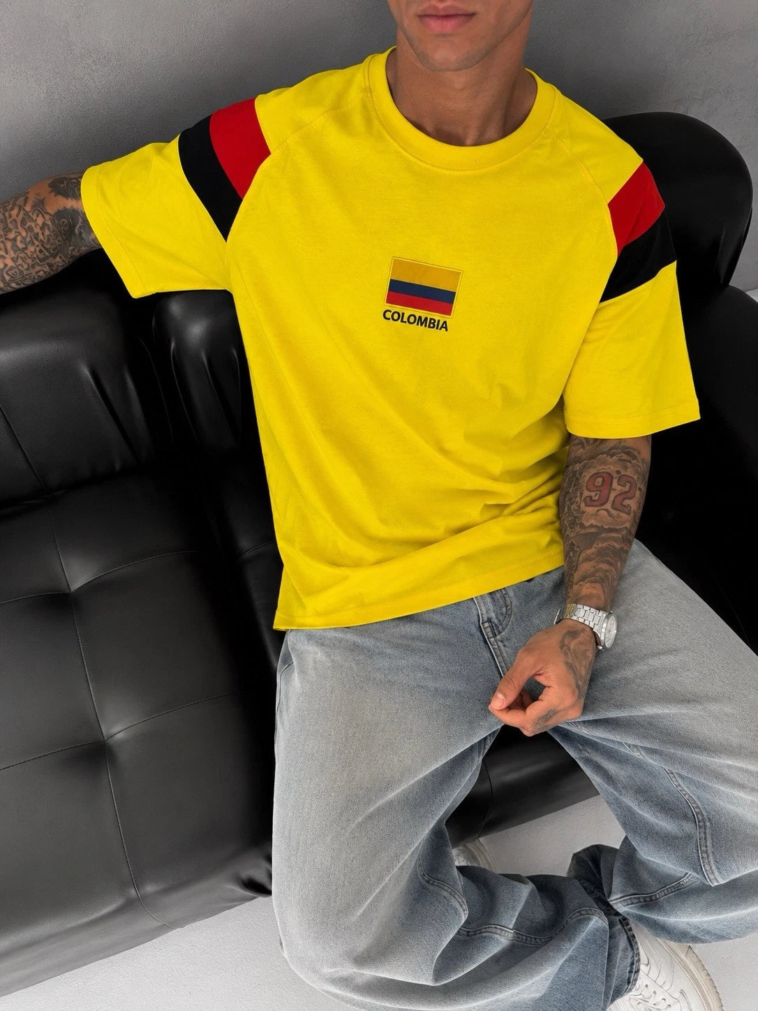 Vintage Colombia Flag Embroidered Oversized Football T-Shirt,Retro Soccer Street