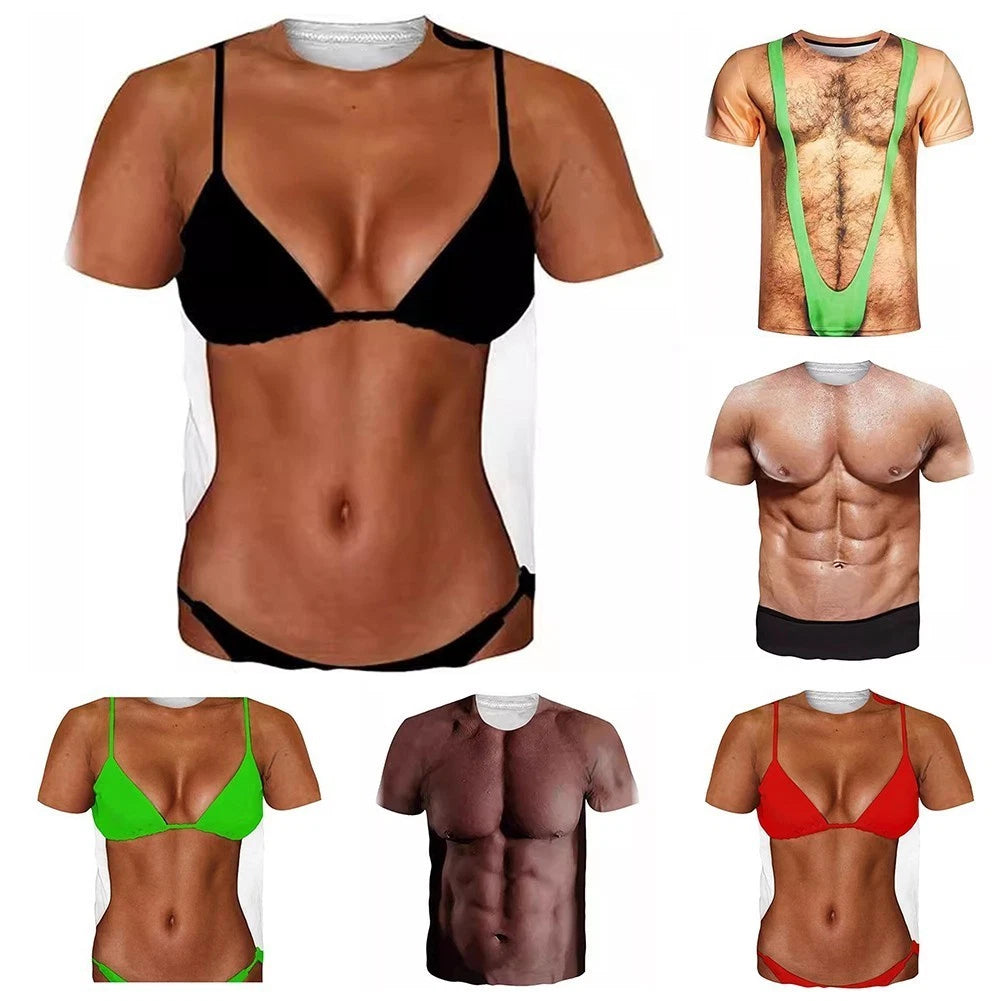 Men Casual Streetwear TShirts With Funny 3D Fake Chest Print For Gym Fashion