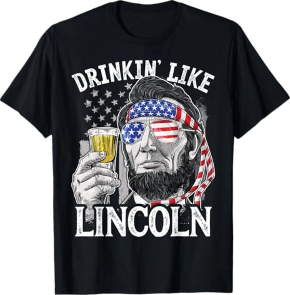 Drinking Like Lincoln 4th of July Men Abraham Merica Flag T-Shirt