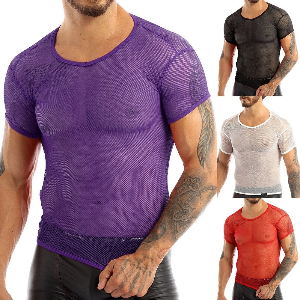 Trendy Mens Mesh Tank Vest Crop Top Shirt See Through Fishnet T Shirt Clubwear