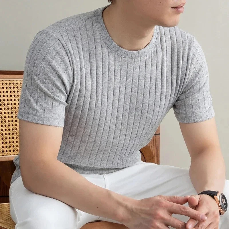 Men's Ribbed T-Shirt - Breathable Summer Short Sleeve Top - Daily Activities