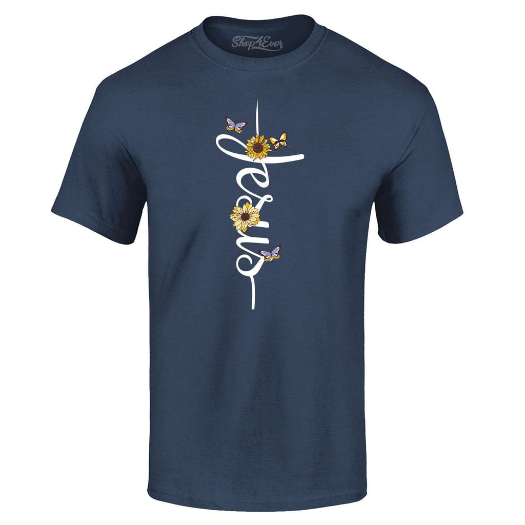 Jesus Script Cross Flowers and Butterflies T-shirt Religious Shirts
