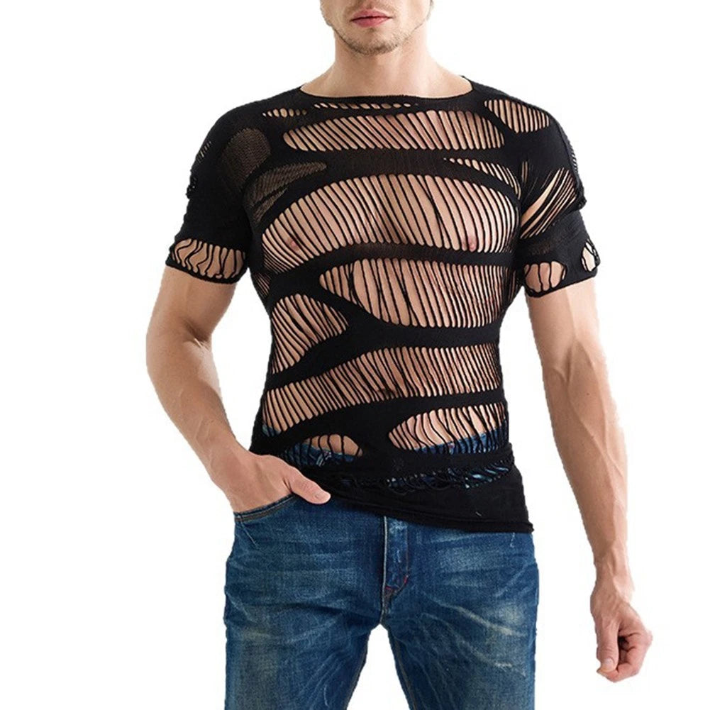Trendy O Neck Mesh T Shirts for Men See Through Short Sleeve Underwear