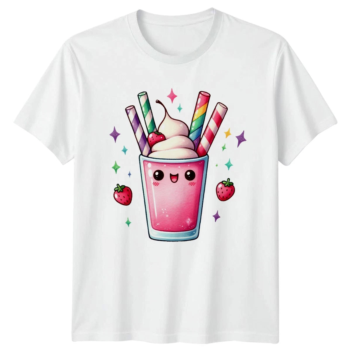 Cute Happy Milkshake Sweet Strawberry T-Shirt Kawaii Dessert Food Drink Birthday