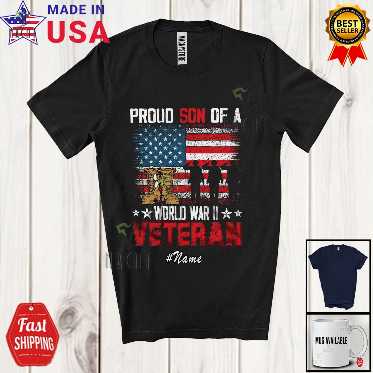 Custom Name Son Of World War II Veteran; Father's Day Vintage US Flag T-Shirt