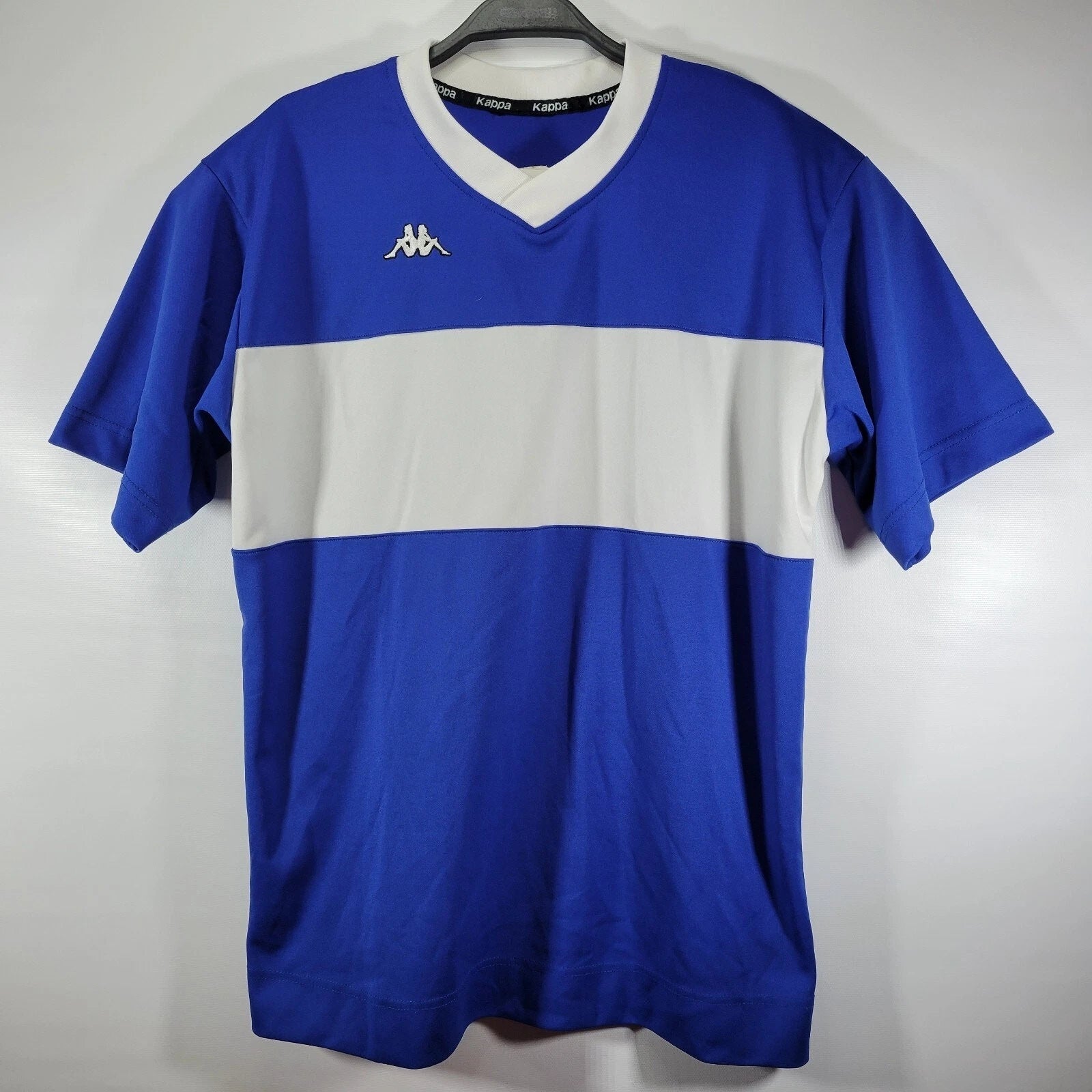 RARE VINTAGE KAPPA V NECK EMBROIDERED LOGO BLUE SOCCER JERSEY MADE IN USA SIZE L