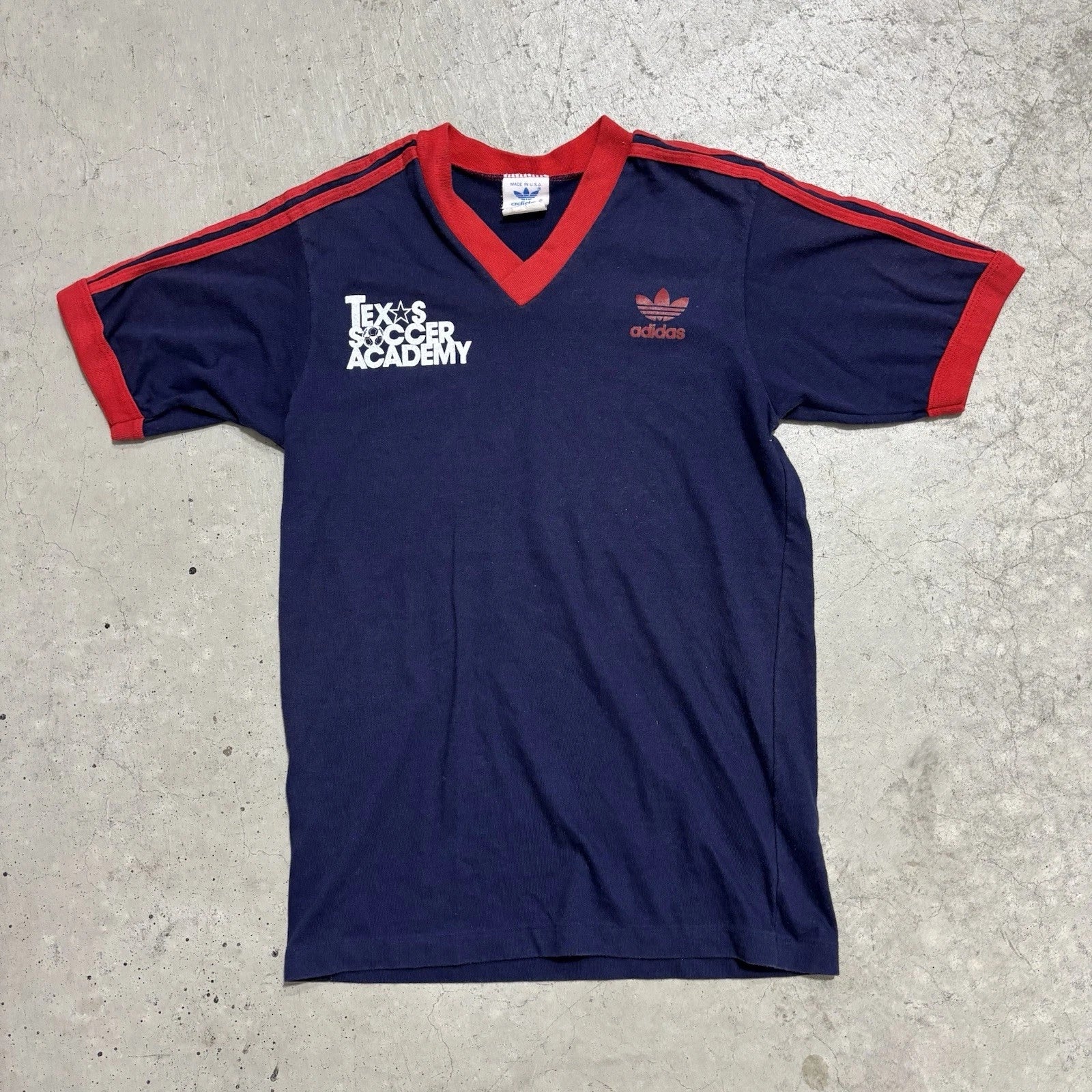 Vintage 70s 80s Adidas Texas Soccer Academy Youth XL Ringer Tee Red Blue