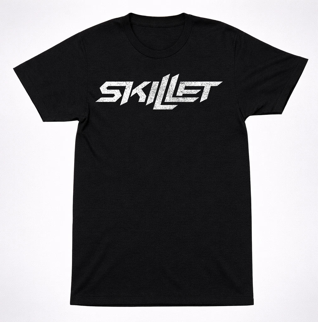 Skillet Text Distressed Logo T-Shirt Black Silver Christian Rock Hard Rock Band