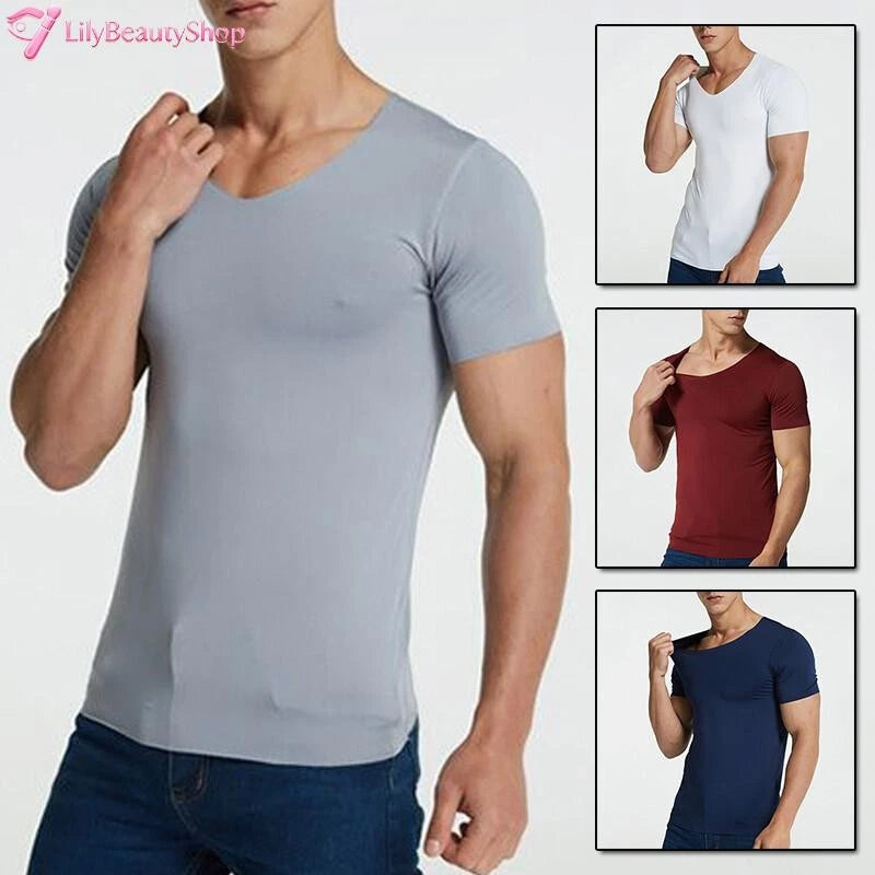 1PC Men Breathable Solid Color V Neck Tops Tees Ice Silk Tshirts Seamless M-5XL