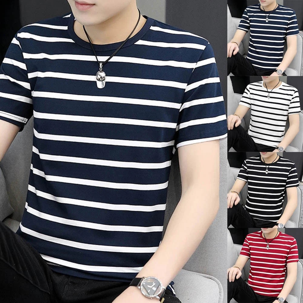 Men Stripe T-shirt Striped Bottoming Tee 95% Polyester Blend For Street Style