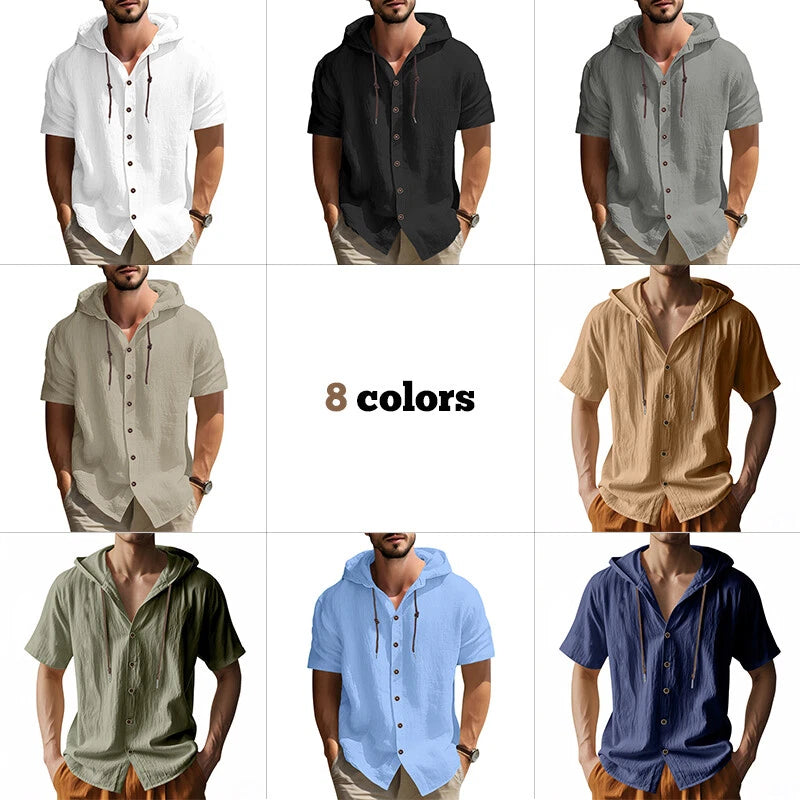 Mens Casual Short Sleeved Hooded Shirt Trendy And Versatile Loose T-Shirt Button