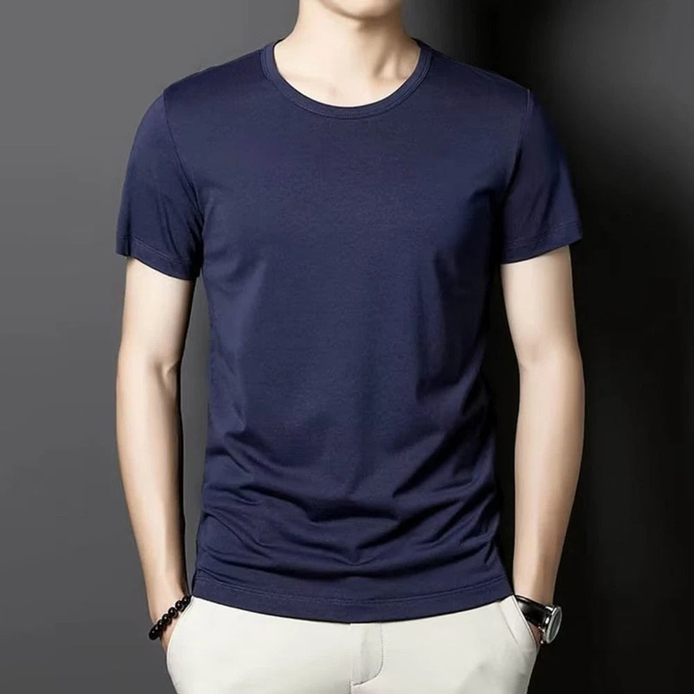 Men's Casual Solid Color Short Sleeve Tees Trendy Pullover Round Neck Bottoming