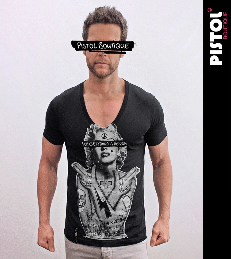 Pistol Boutique Men's Fitted Black Deep V neck MARILYN MONROE SKULL FEAR T-shirt