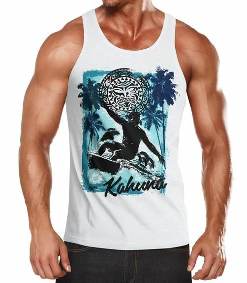Mens Tank Top Wave Wave Kahuna Tiki Mask Palm Trees Sea Fashion Street Style