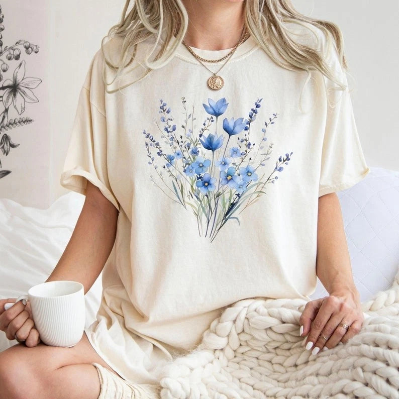 Pastel Blue Floral Bouquet Nature Aesthetic Vintage T shirt