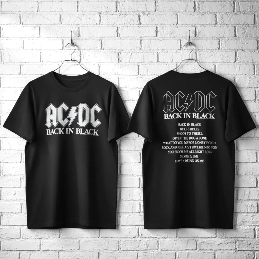 ACDC Back in Black Album Cover Men's T Shirt Rock Band Vintage Tour Music Merch