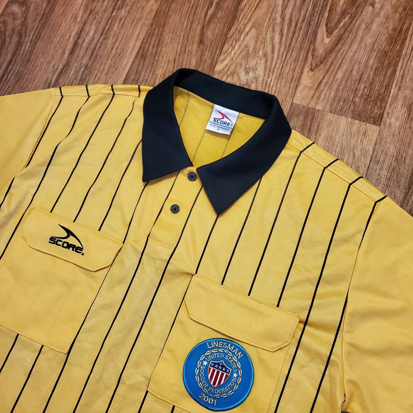 Vintage 90s Score Soccer Jersey Shirt Men Medium Yellow Striped Futbol 2001 Y2K