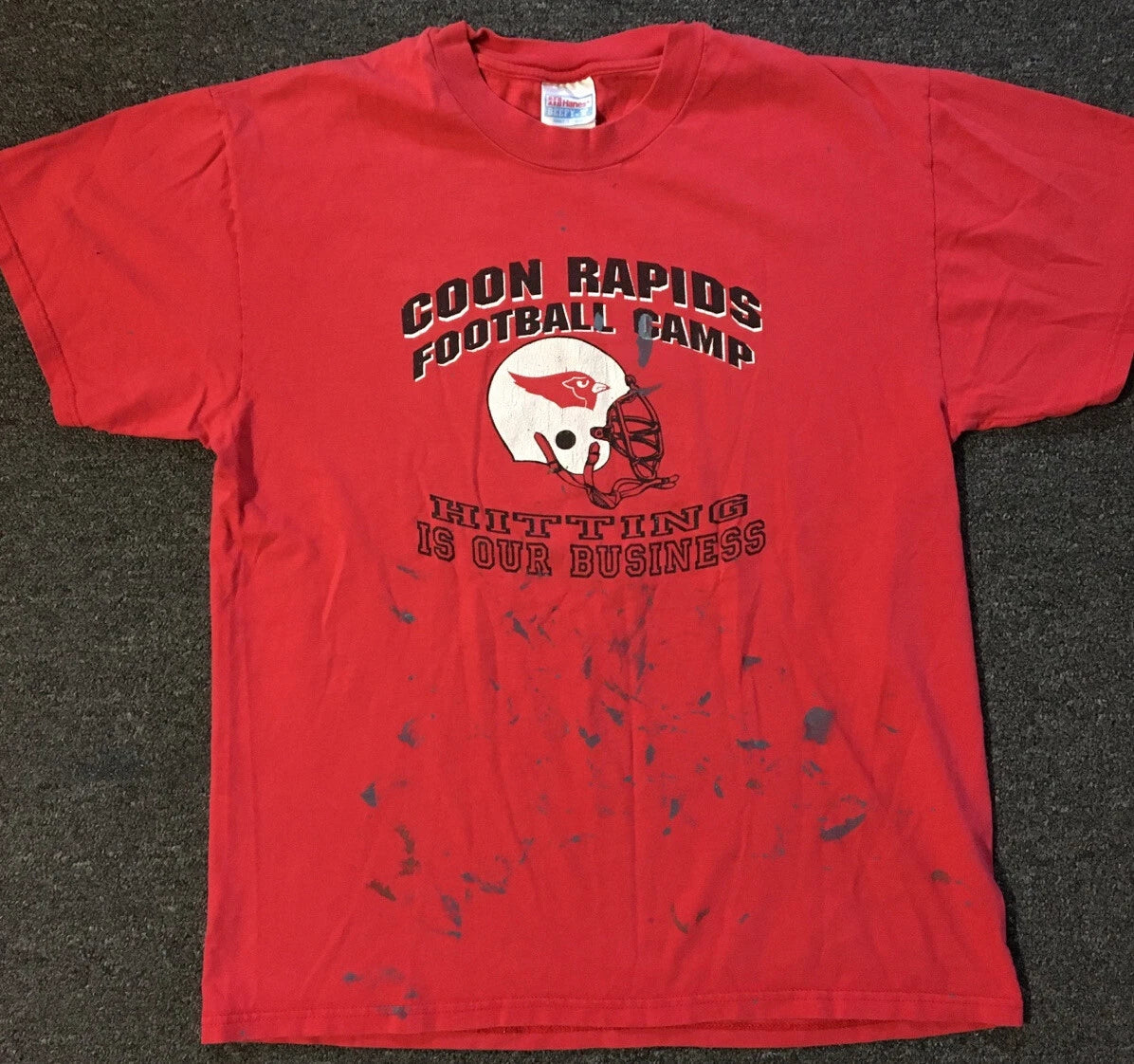 Vtg 90s Football Camp Hittin Is Our Business Faded Distress Paint Shirt L Grunge