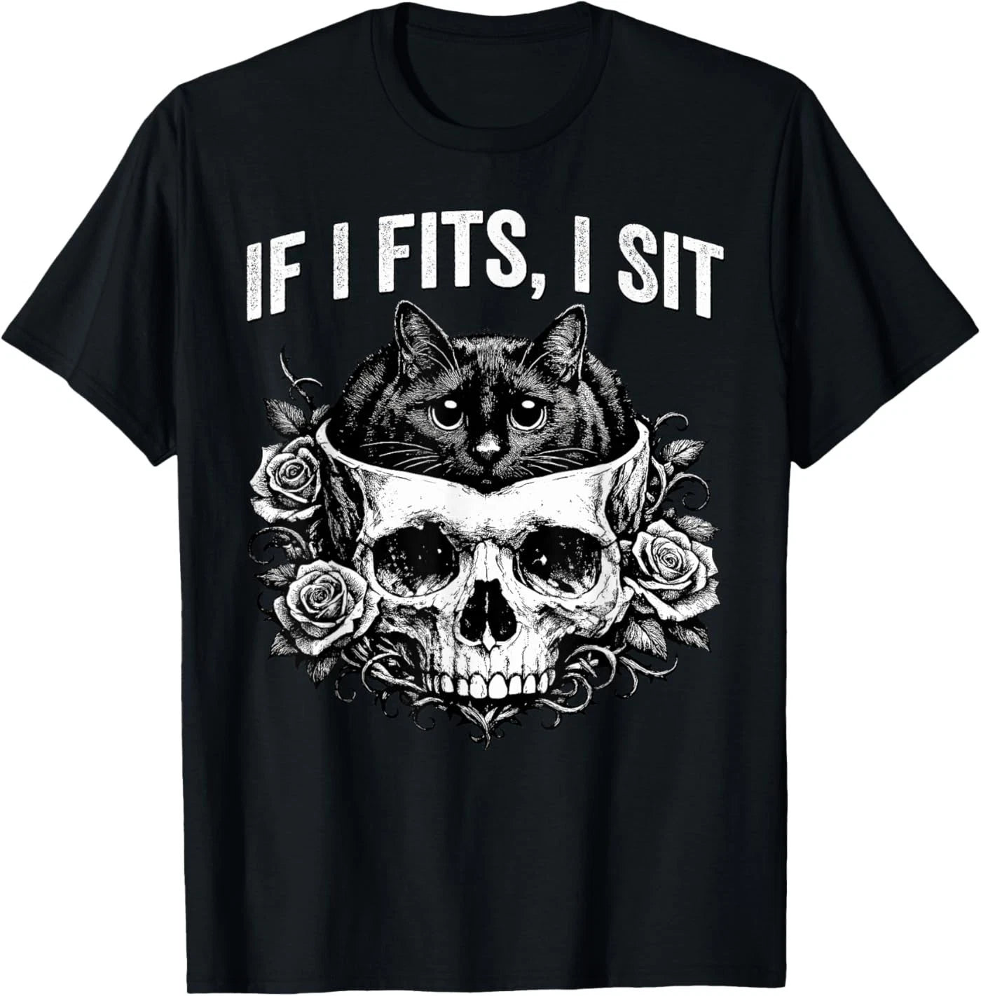 Gothic Black Cat Skull Minimalist Humor If I Fits I Sit T-Shirt