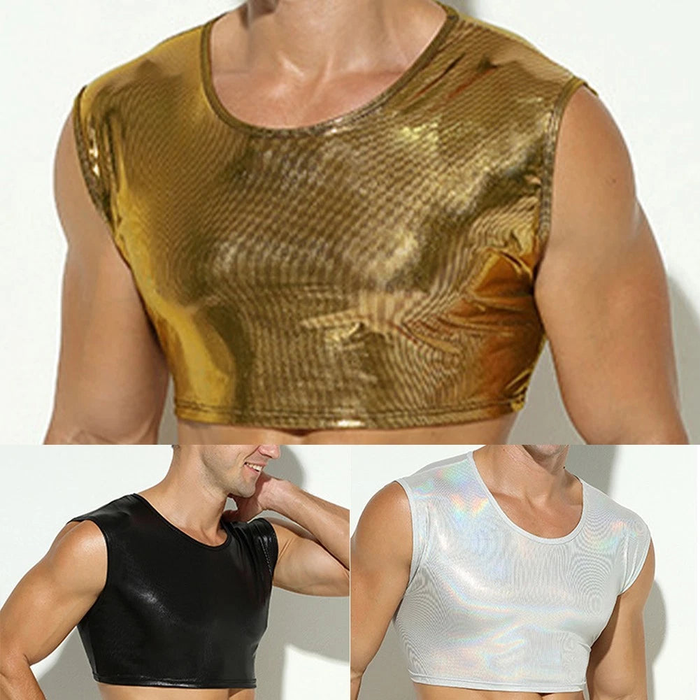 Men's Sleeveless Wet Look Faux Leather Crop Top Blouse Tee Crew Neck Shiny
