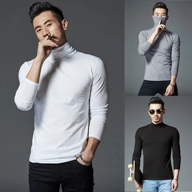 Trendy Men's Casual Turtleneck Long Sleeve Pullover Shirts in Solid Color