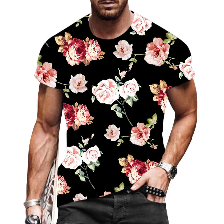 Men T-Shirt Fashion Graphic Short Sleeve Black Flower Floral Colorful Teeming