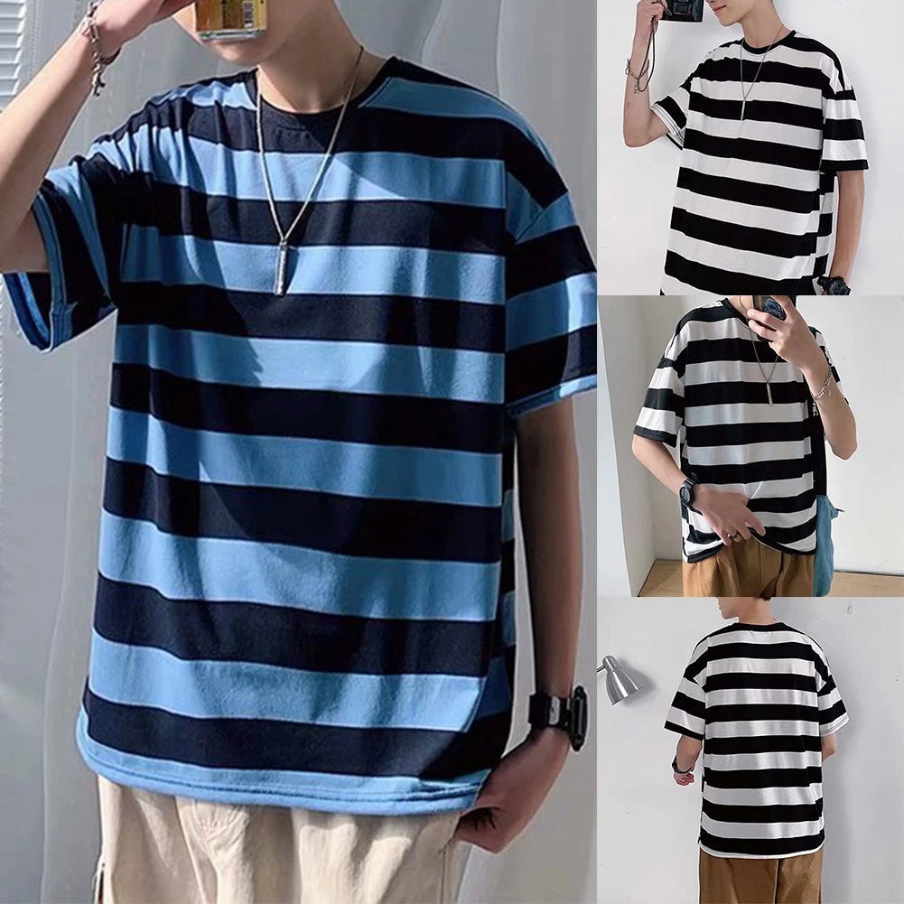 Trendy Men's Stripe Crew Neck T Shirt with Short Sleeves for Everyday Wear