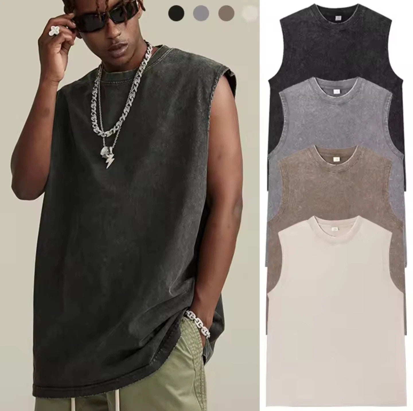 Mens Tank Top Muscle Shirt Sleeveless T-Shirt Vintage Acid Wash No Print Mix