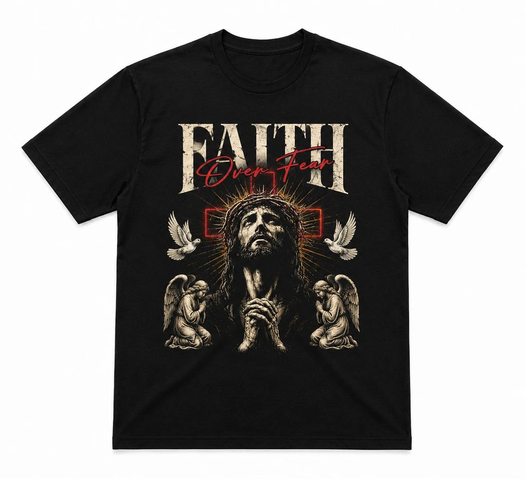 Faith Over Fear T-Shirt Jesus Christ Graphic Tee Religious Streetwear Black UK