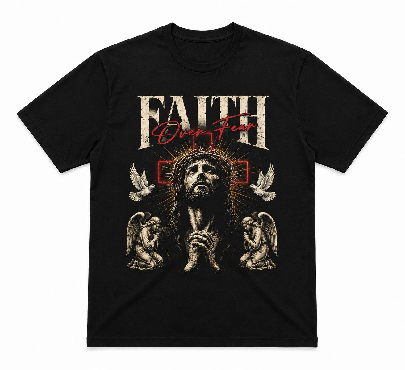 Faith Over Fear T-Shirt Jesus Christ Graphic Tee Religious Streetwear Black UK