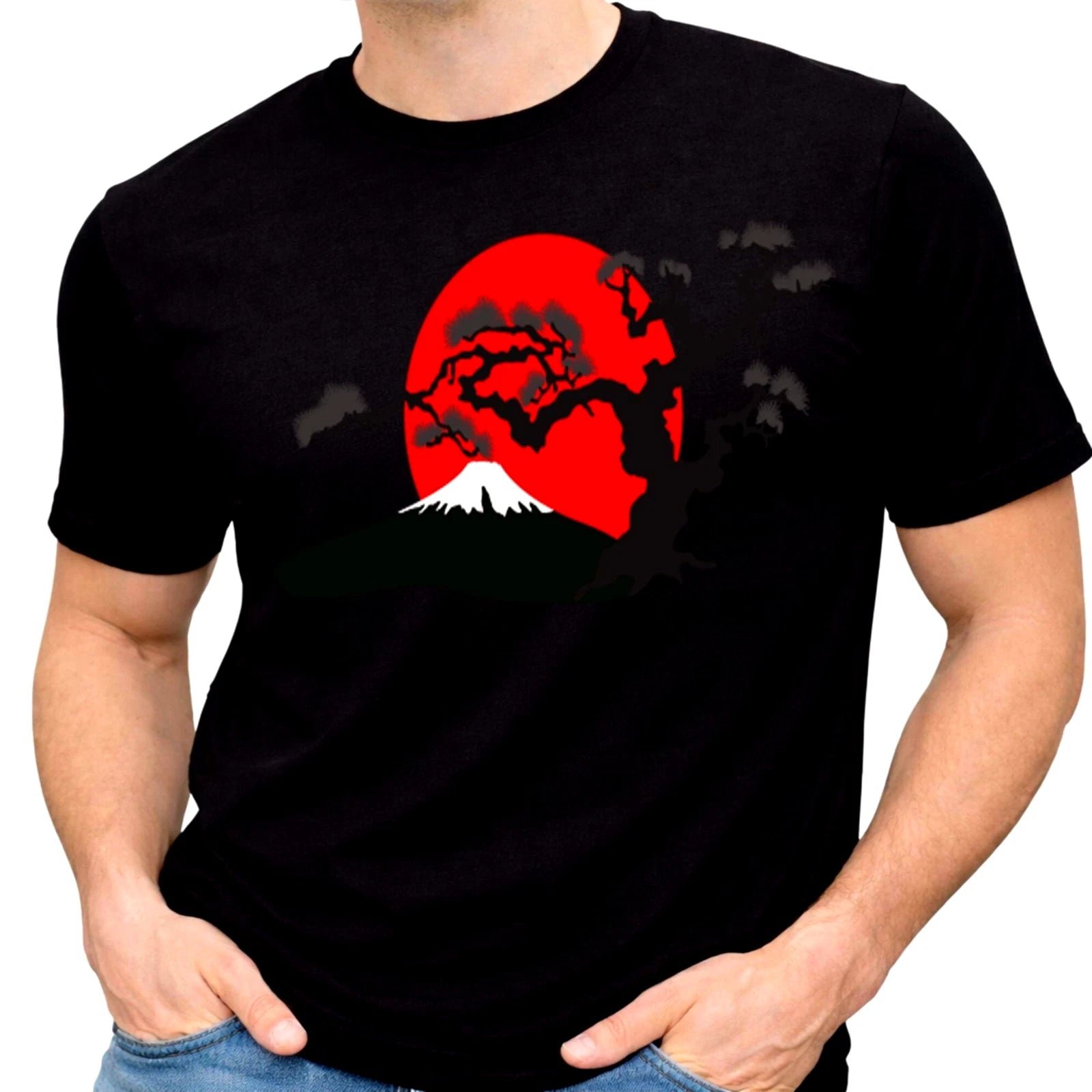 Japanese Bonsai Tree Mount Fuji T-Shirt Red Sun Tee Japan Art Zen Nature Vintage