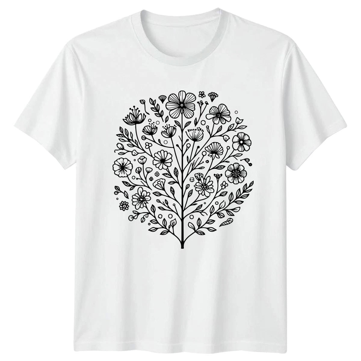 Minimalist Line Art Flower Tree Botanical Womens T-Shirt Illustration Nature