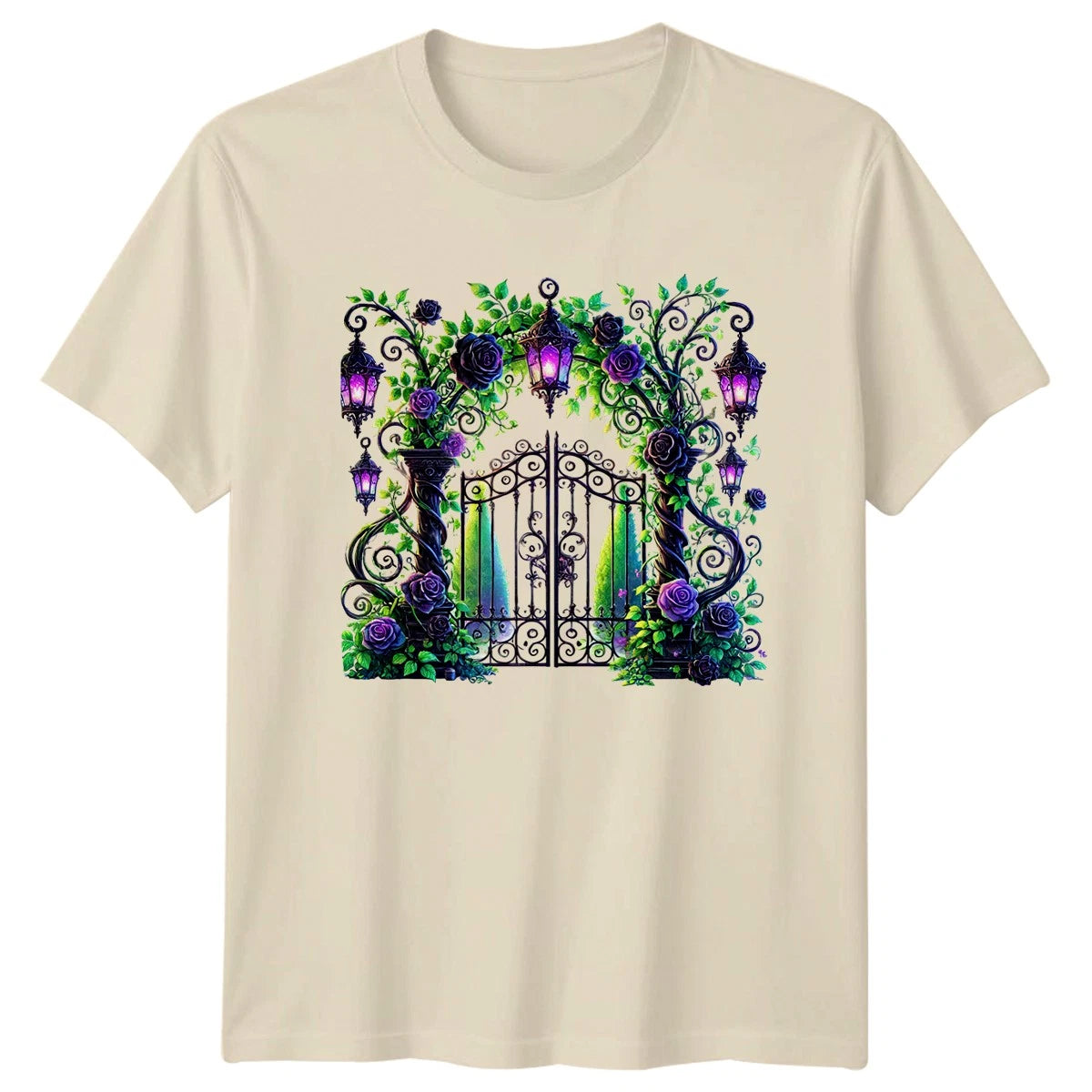 Enchanted Garden Gate Dark Roses T-Shirt Mystical Floral Garden Fantasy