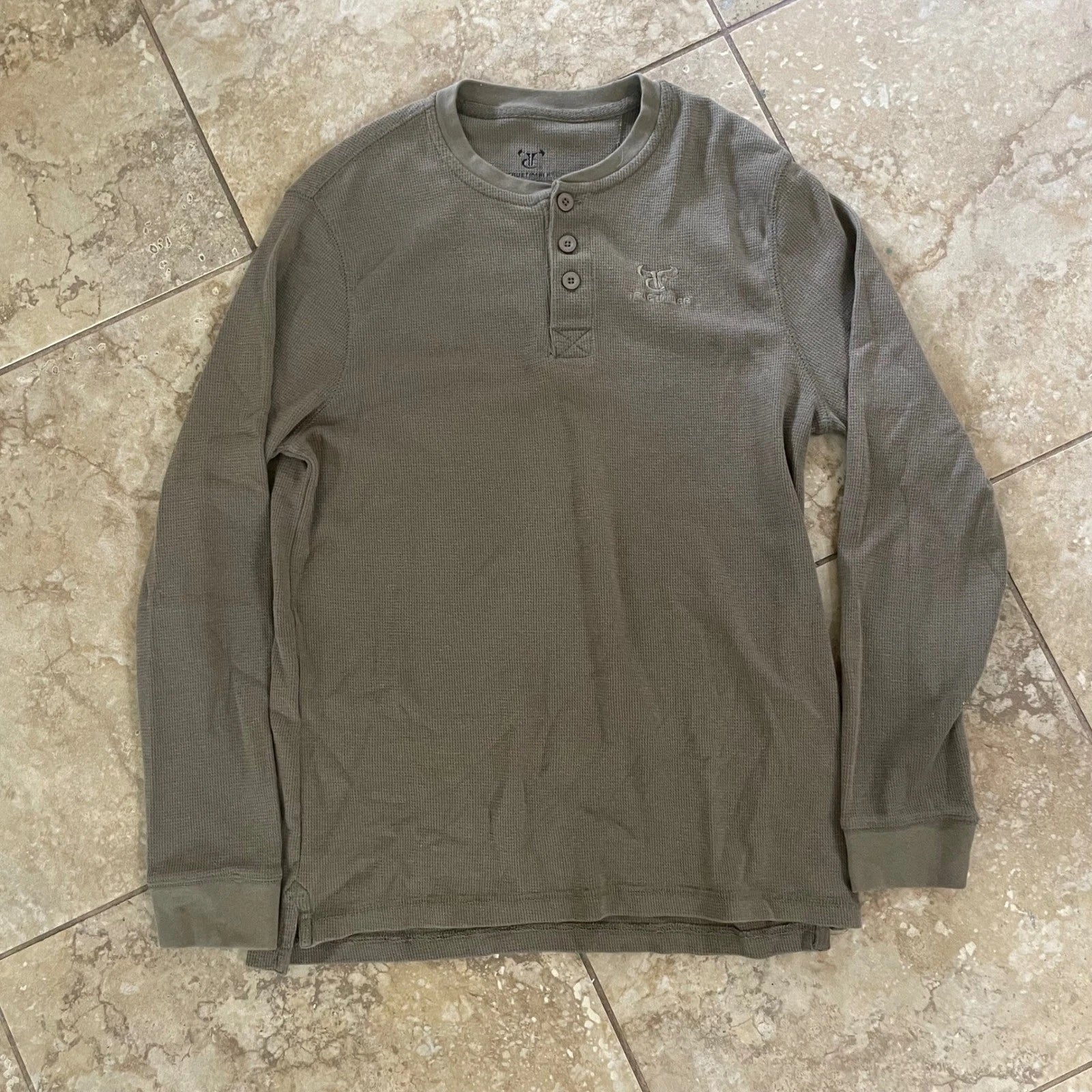 TrueTimber Mens Henley Shirt Large Olive Green Waffle Knit Long Sleeve Thermal