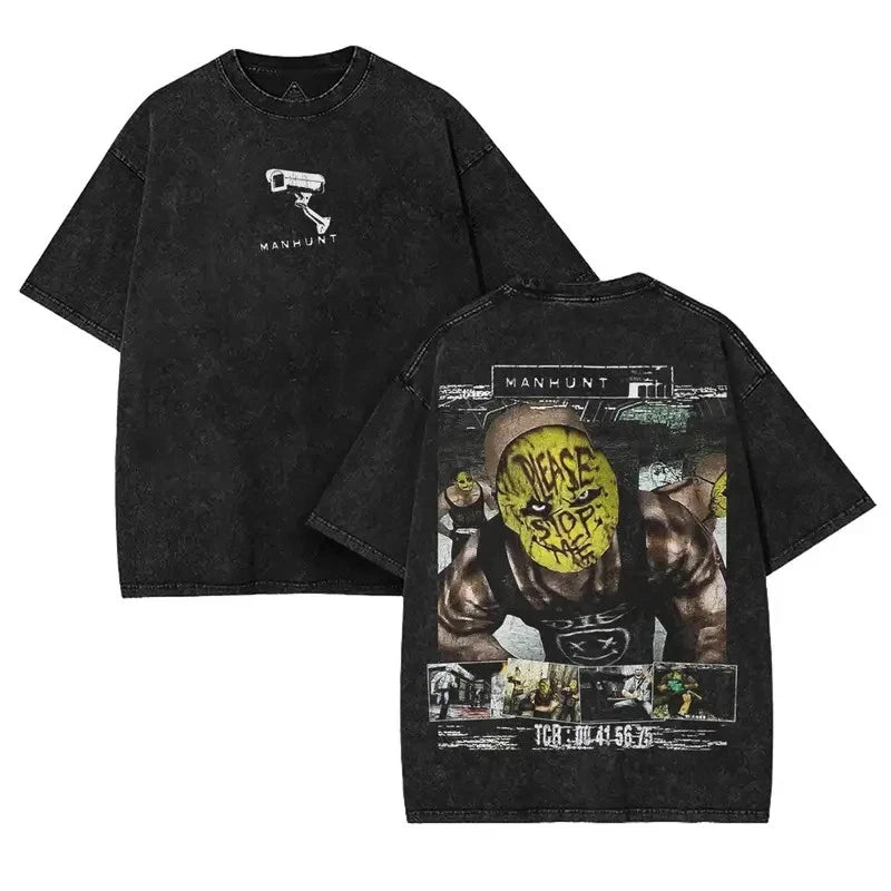 Manhunt - Please Stop Me Double Printed Washed 2 Sided Printing T-Shirt RPG acti