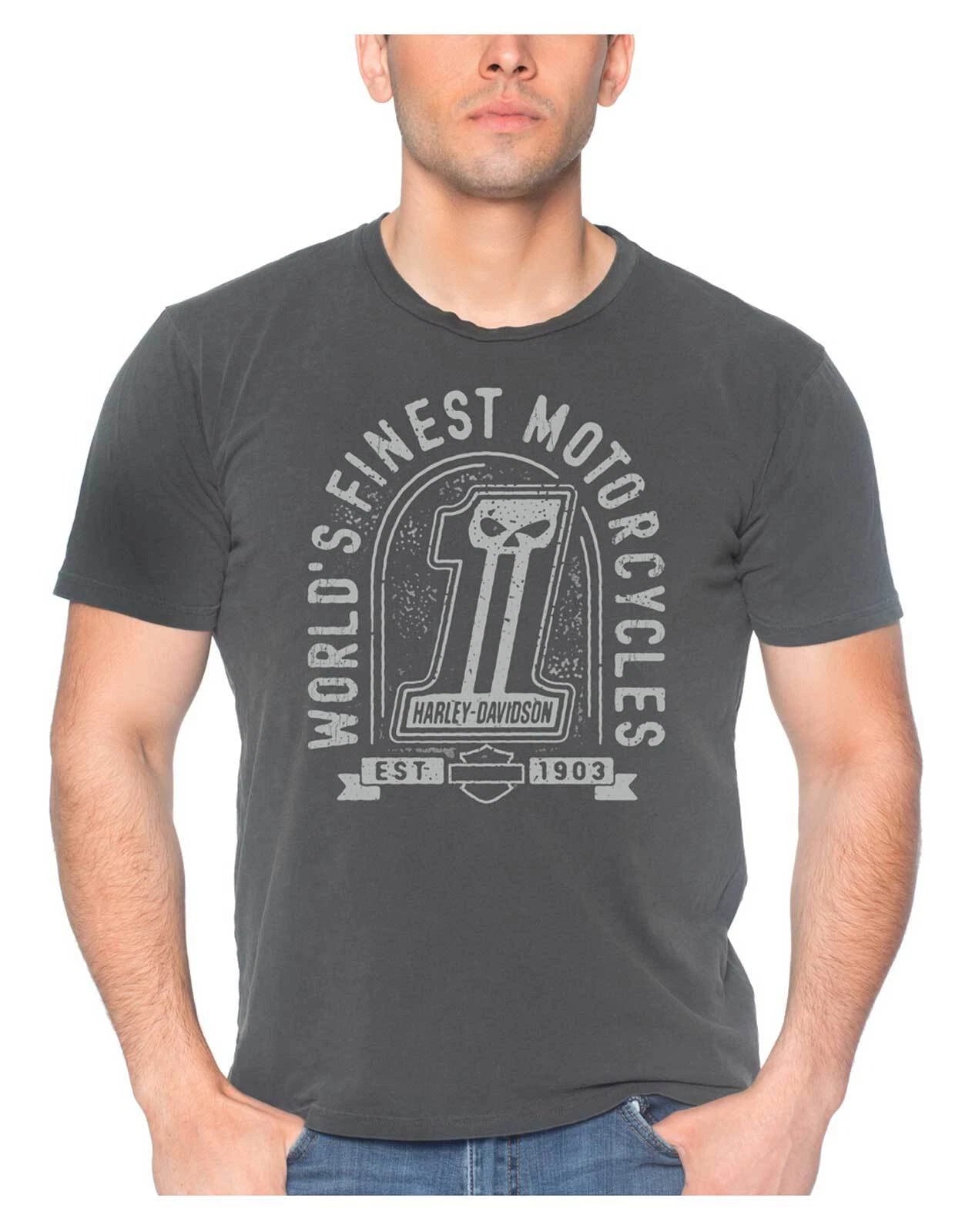 Harley-Davidson Men's Dark Custom Crew-Neck Short Sleeve Cotton Shirt, Charcoal
