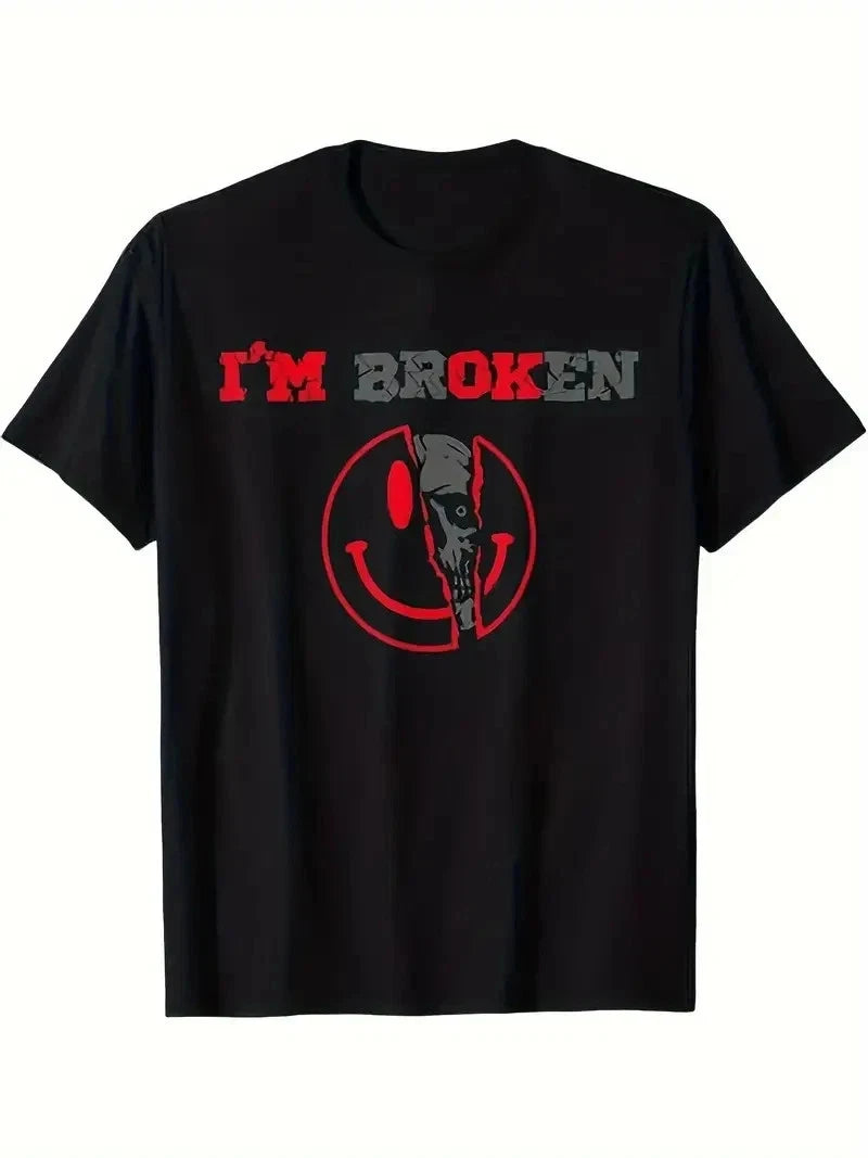 Men's "I'm Broken" Skull Graphic T-Shirt - Black Cotton Crew Neck Tee