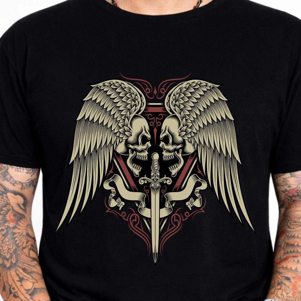 Skull Wings Sword Gothic Graphic T-Shirt Dark Tattoo Style Biker Vintage Tee