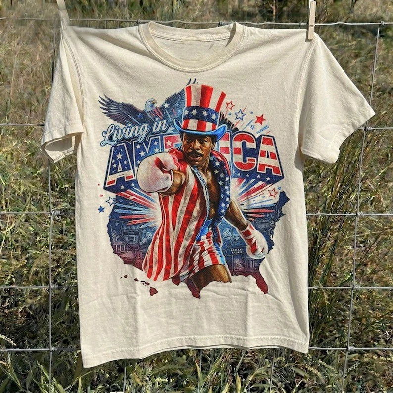 Apollo Creed Living In America Shirt, Patriotic Boxing 4th Of July Vintage Ameri