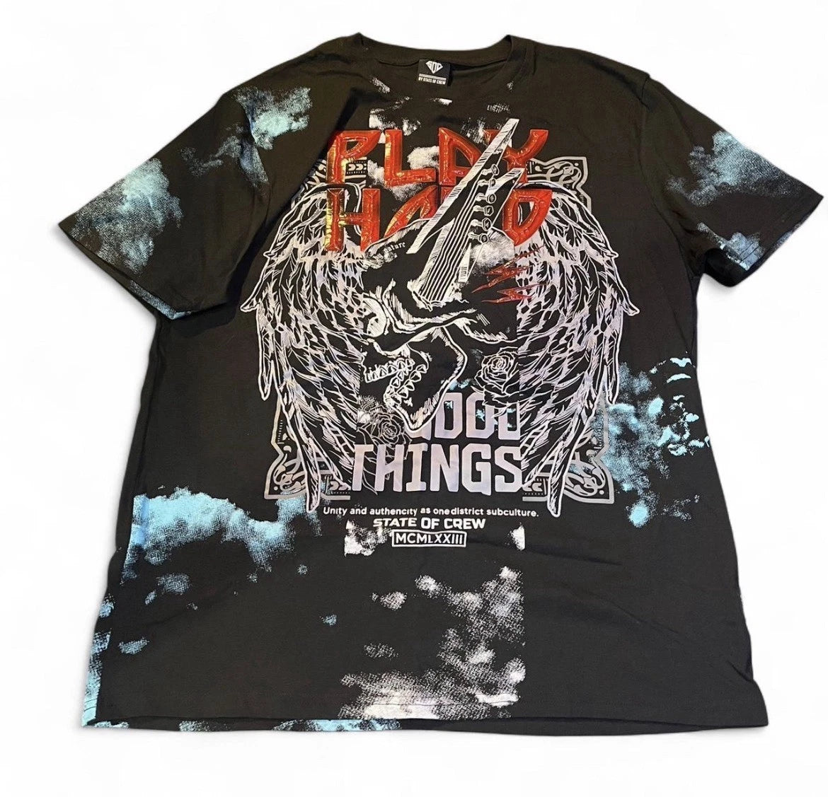 Rock Hard Tie-Dye Graphic Tee Black Blue Grunge Y2K Streetwear XL State of Crew