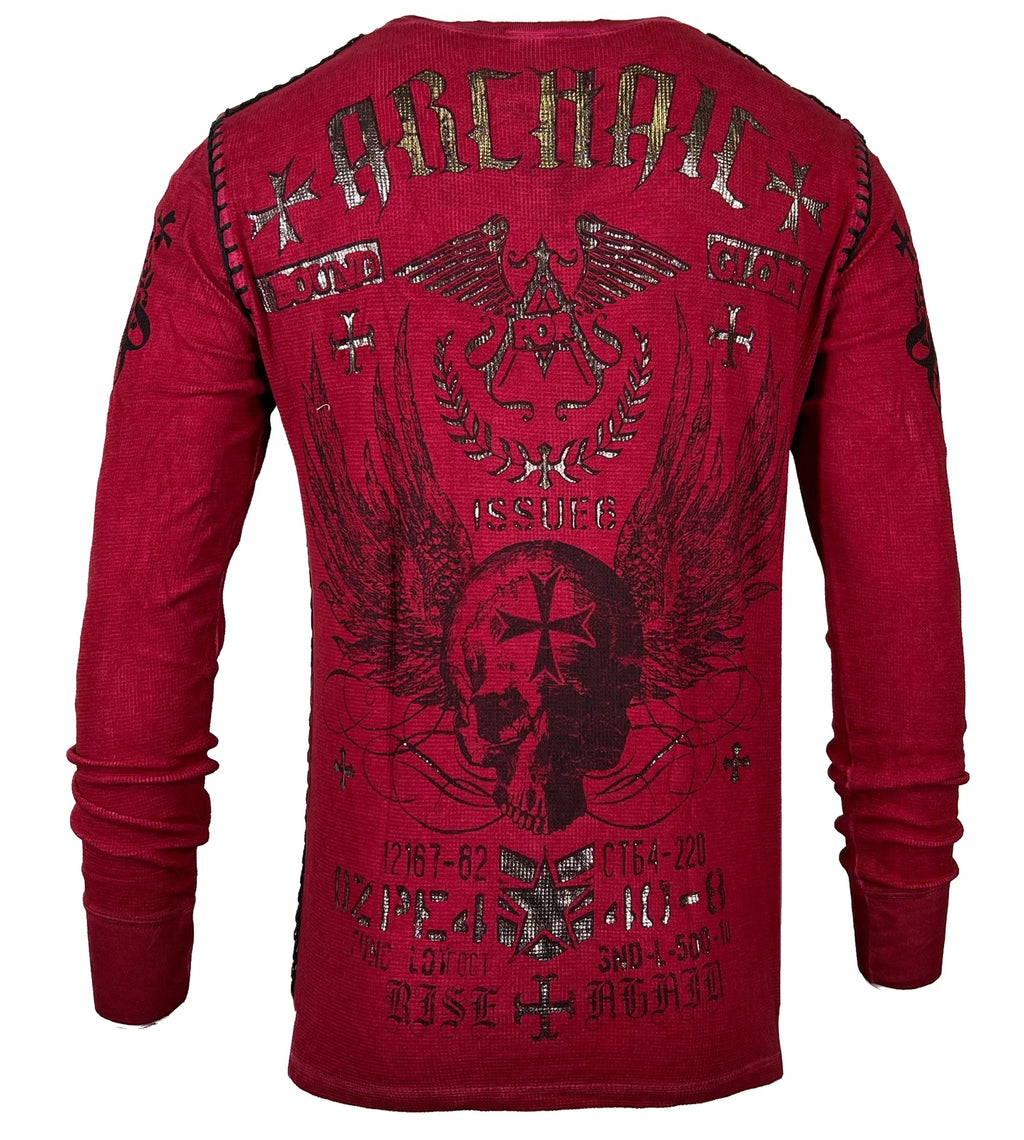 Archaic Affliction Men's Thermal shirt BLACK PRAYER Biker Tattoo Skull Red
