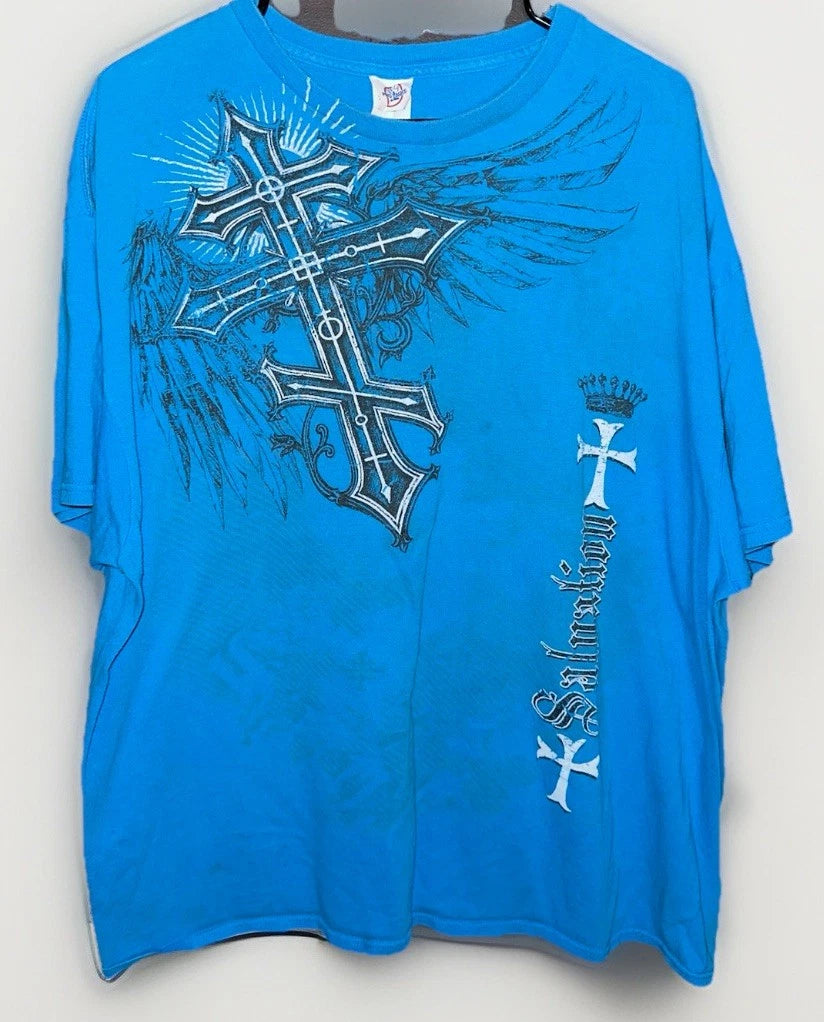Vintage Affliction style shirt mens 2XL XXL blue y2k grunge cross wings