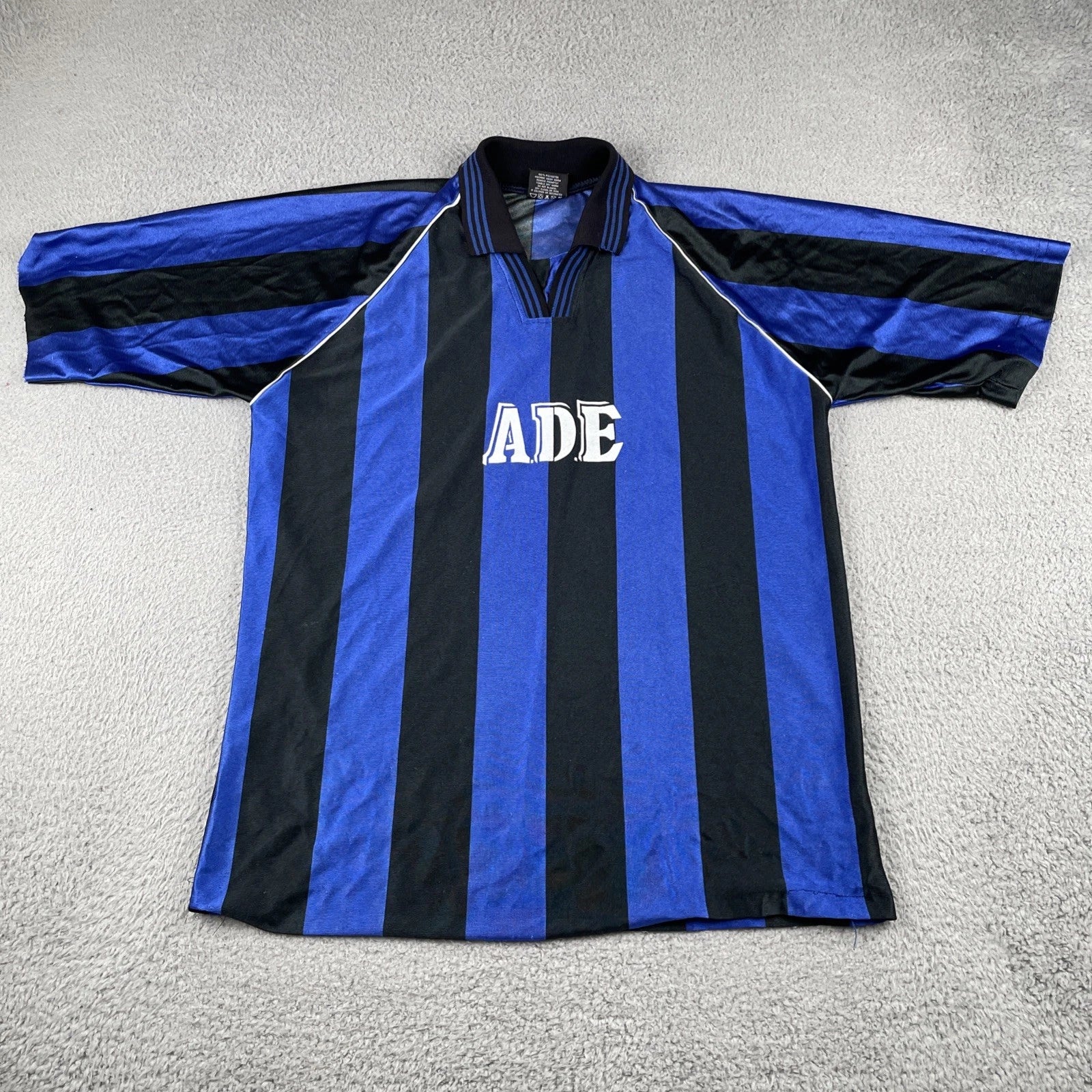 Vintage Soccer Jersey XL Shirt A.D.E #3 Iridescent Black & Blue Futbol Worn In