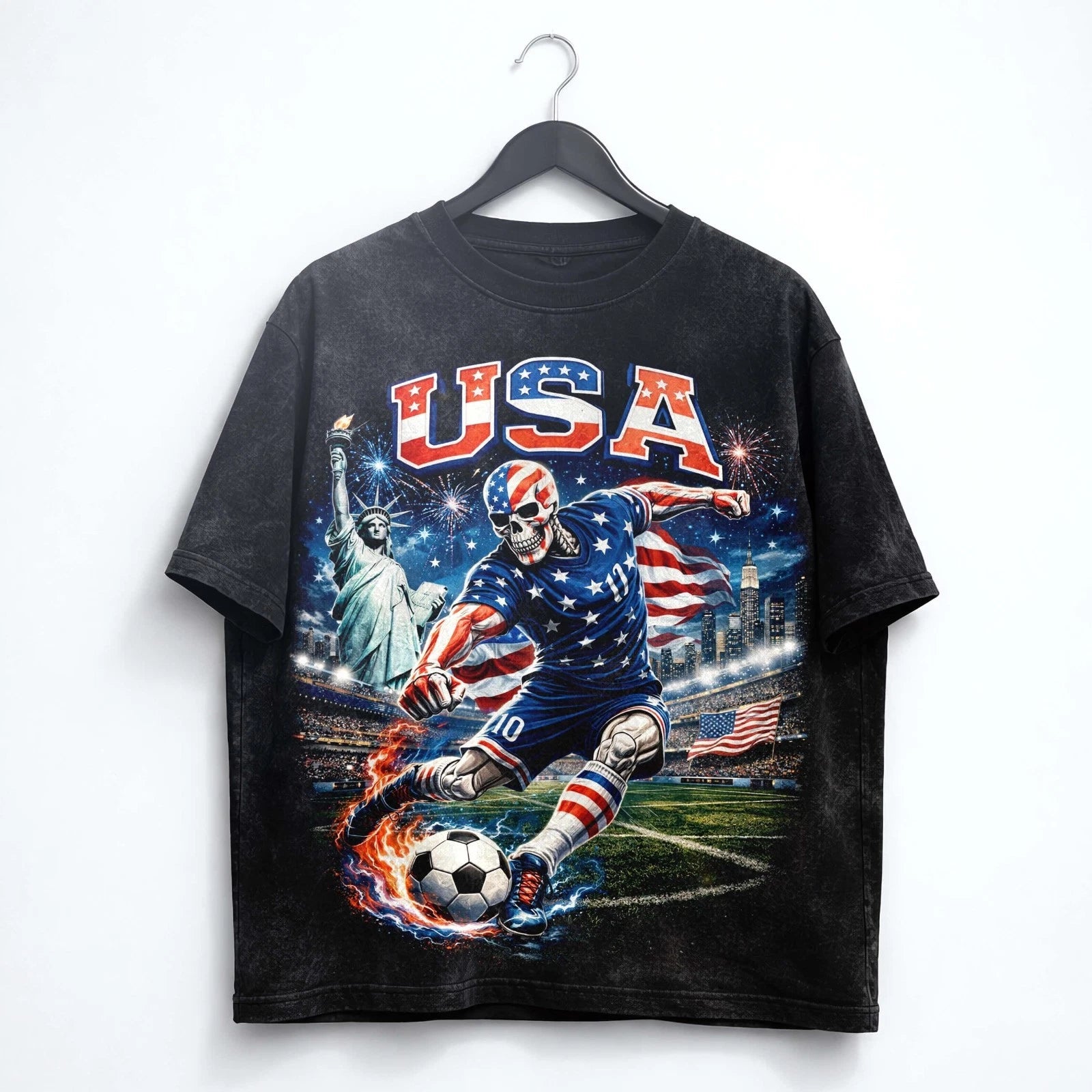 USA Soccer Skull Washed T Shirt American Flag World Cup 2026 Tee