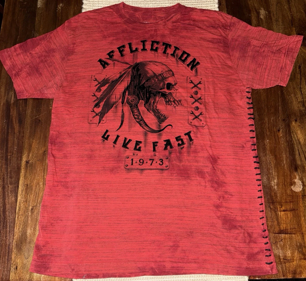 Affliction American Customs Live Fast 1973 Men's XL Red Skull Graphic SS Tee