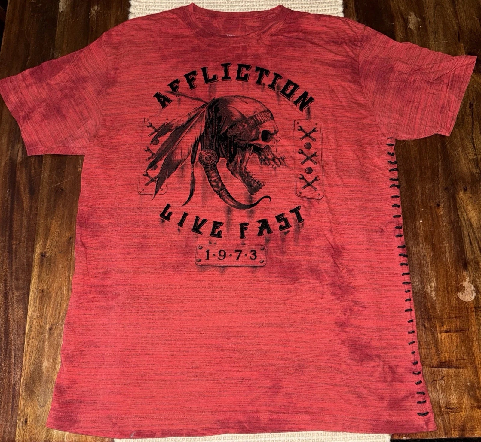 Affliction American Customs Live Fast 1973 Men's XL Red Skull Graphic SS Tee