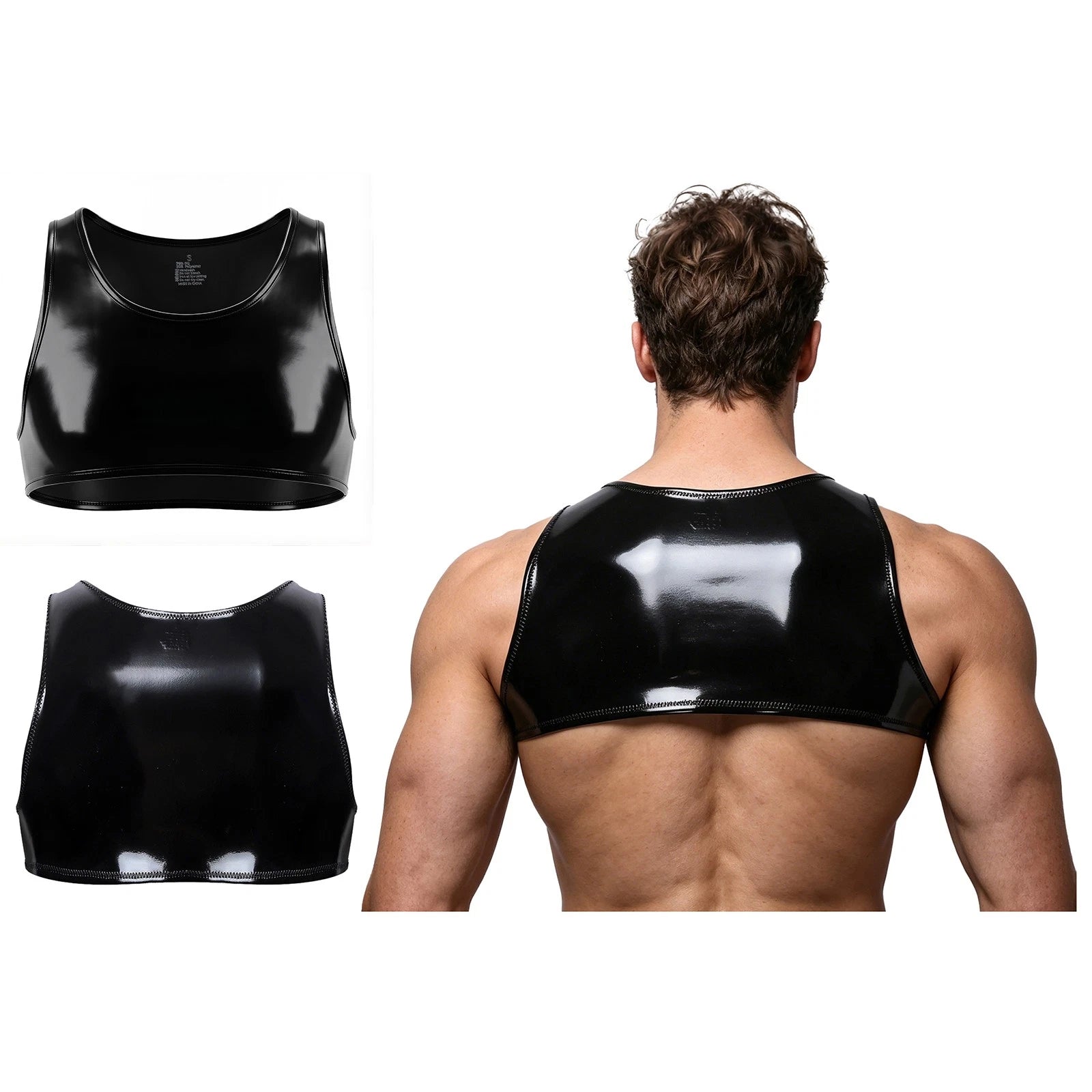 Mens Crop Top Patent Leather Nightclub Singlet Clubwear Scoop Vest Party Sexy
