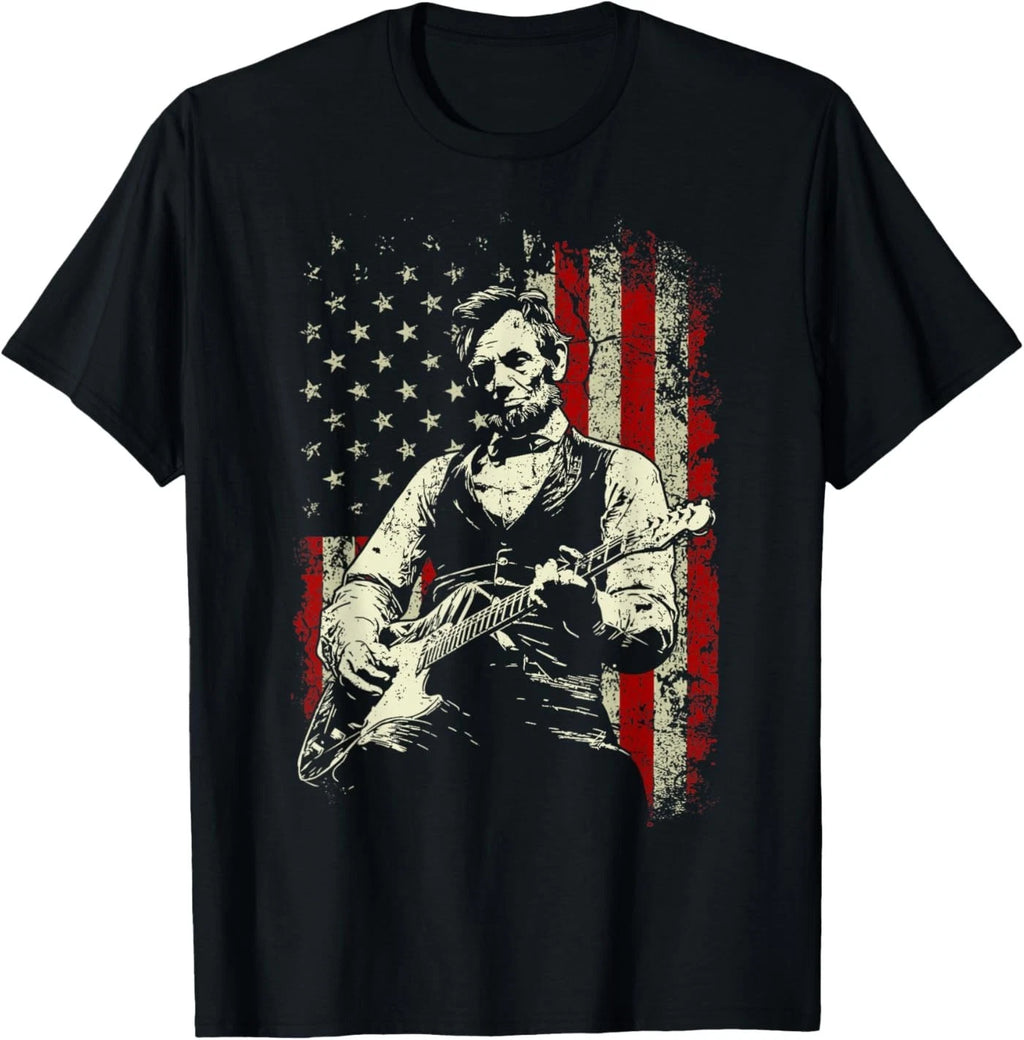 Abraham Lincoln Playing Guitar Rock and Roll American Flag T-Shirt