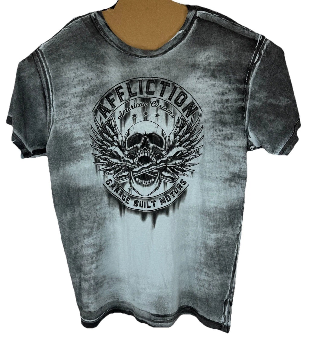 Affliction Mens Gray Skull American Customs Graphic Logo SS T-Shirt  Size XXL